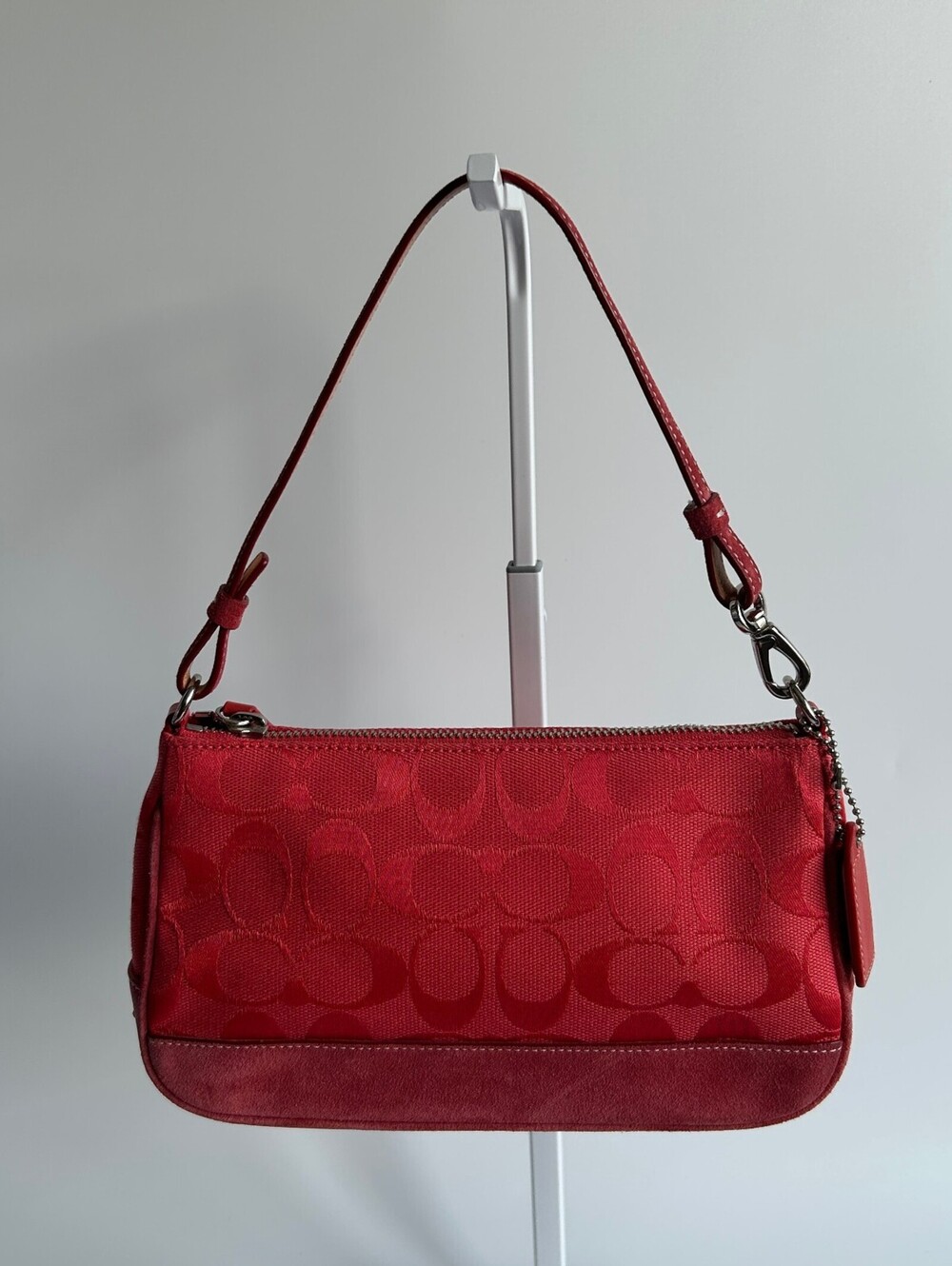 Coach Signature Jacquard Mini Demi Pouch Shoulder Bag Red Canvas Suede Trim 6094